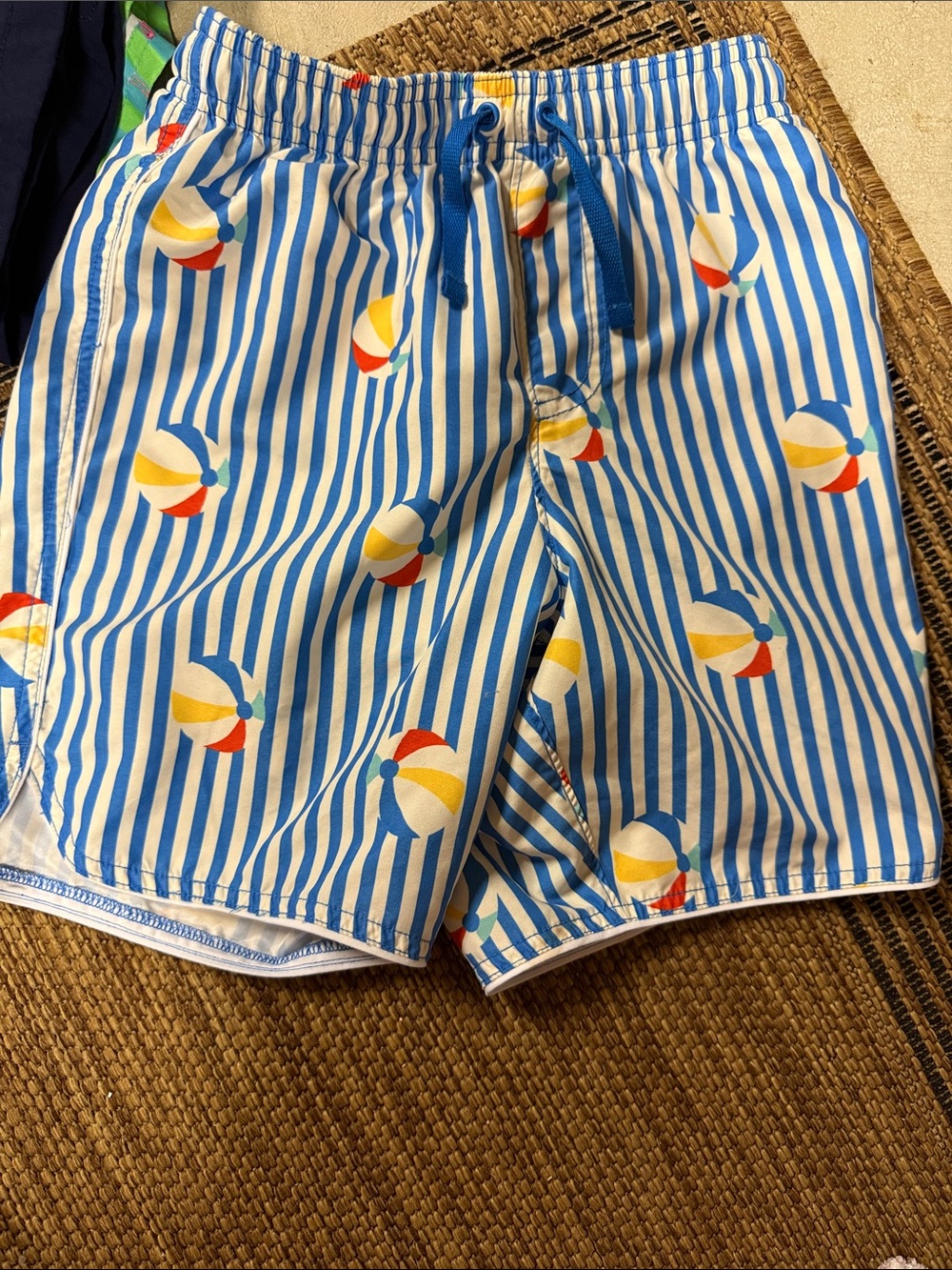 Hanna Andersson Blue and White Striped Swim Shorts with Red Logo
